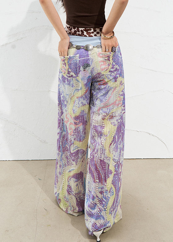 Art Purple Print Hollow Out Linen Wide Leg Pants Summer