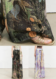 Art Purple Print Hollow Out Linen Wide Leg Pants Summer