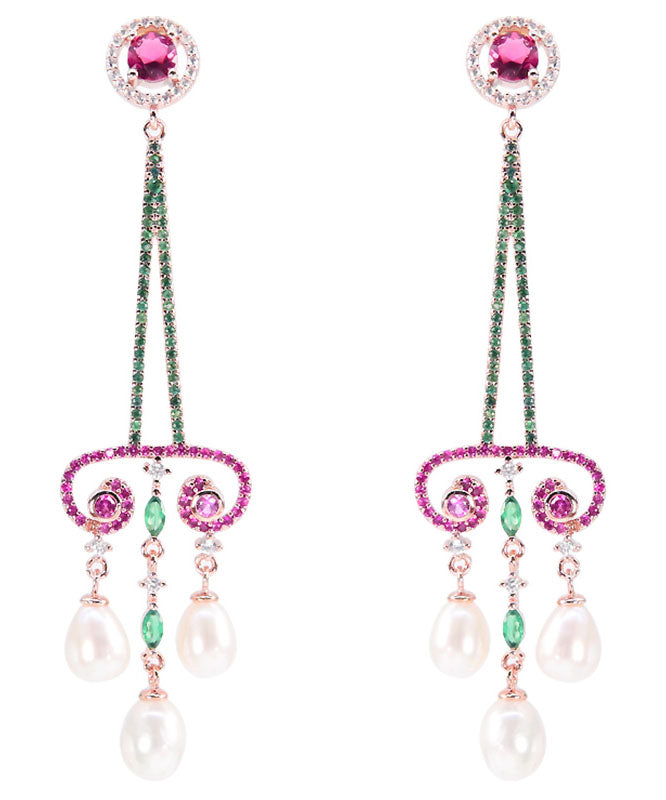 Art Purple Sterling Silver Pearl Zircon Water Drop Tassel Drop Earrings