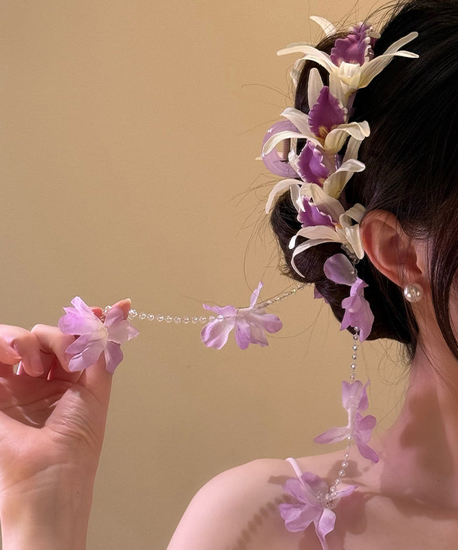 Art Purple Tulle Floral Butterfly Beads Tassel Hairpin
