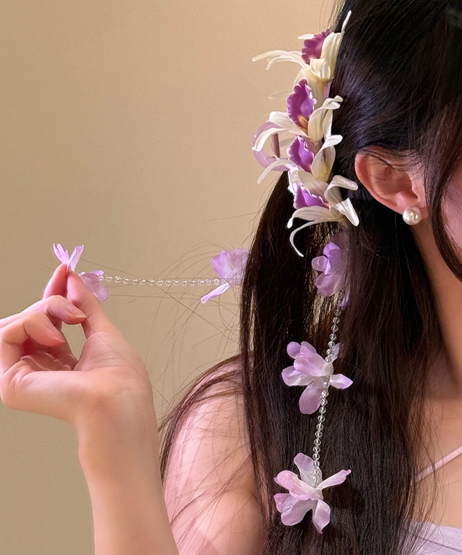 Art Purple Tulle Floral Butterfly Beads Tassel Hairpin