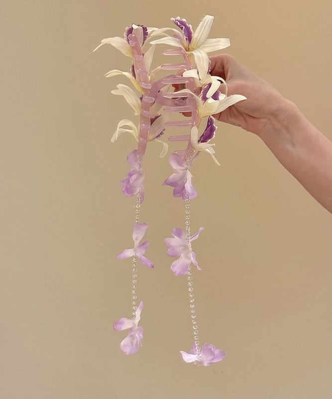Art Purple Tulle Floral Butterfly Beads Tassel Hairpin
