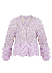 Art Purple V Neck Fluffy Patchwork Knit Coats Spring