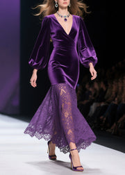 Art Purple V Neck Patchwork Lace Silk Velvet Wraped Dresses Spring