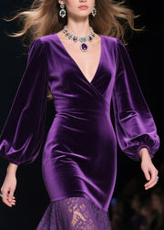 Art Purple V Neck Patchwork Lace Silk Velvet Wraped Dresses Spring