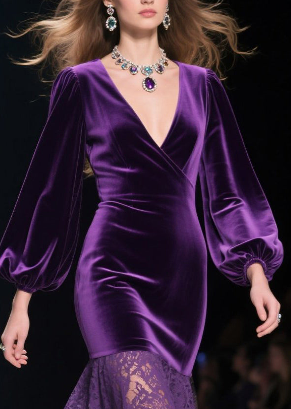 Art Purple V Neck Patchwork Lace Silk Velvet Wraped Dresses Spring