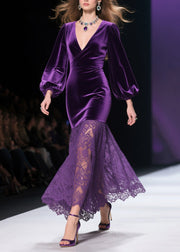 Art Purple V Neck Patchwork Lace Silk Velvet Wraped Dresses Spring