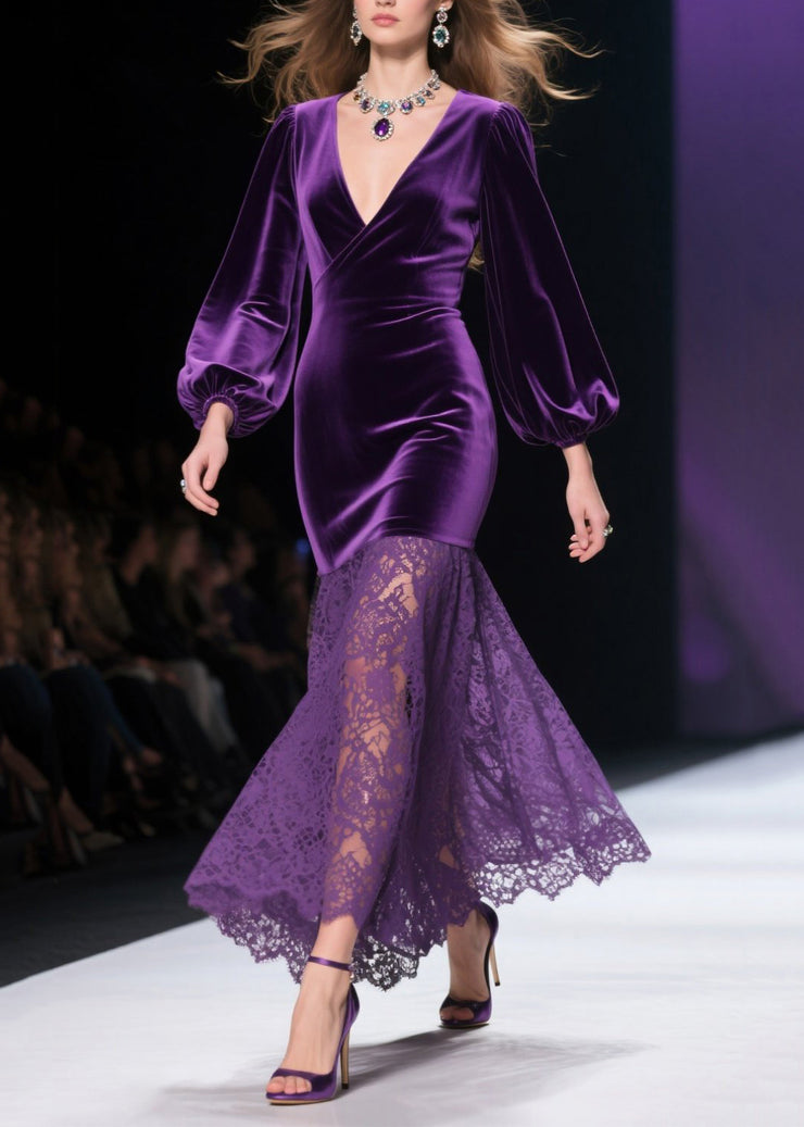 Art Purple V Neck Patchwork Lace Silk Velvet Wraped Dresses Spring