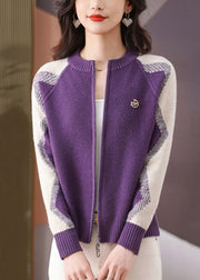 Art Purple Zip Up Cozy Patchwork Knit Coat Winter