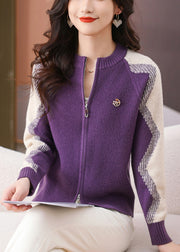 Art Purple Zip Up Cozy Patchwork Knit Coat Winter