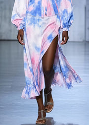 Art Rainbow Ruffled Tie Dye Side Open Chiffon Robe Dresses Spring