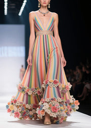 Art Rainbow Striped Flower Decorated Chiffon Evening Dress Summer