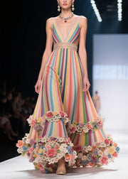 Art Rainbow Striped Flower Decorated Chiffon Evening Dress Summer