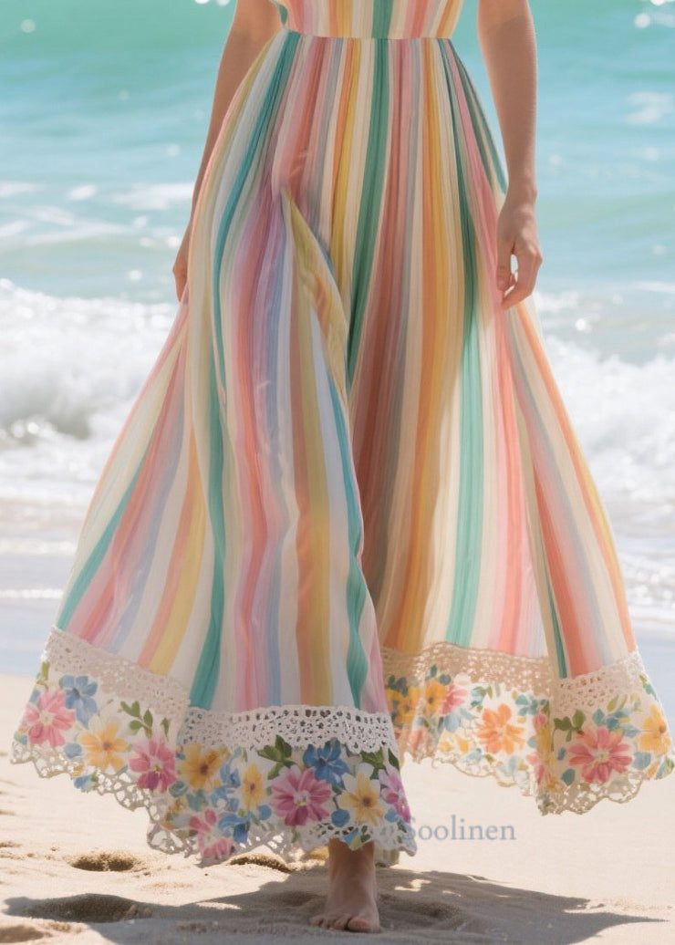 Art Rainbow Striped Patchwork Lace Chiffon Holiday Dresses Summer