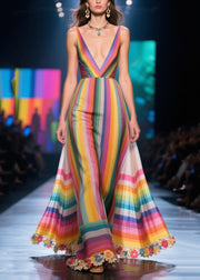 Art Rainbow V Neck Patchwork Flower Chiffon Party Dress Summer