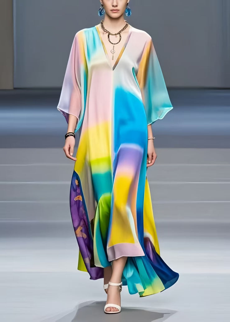 Art Rainbow V Neck Tie Dye Silk Dresses Bracelet Sleeve