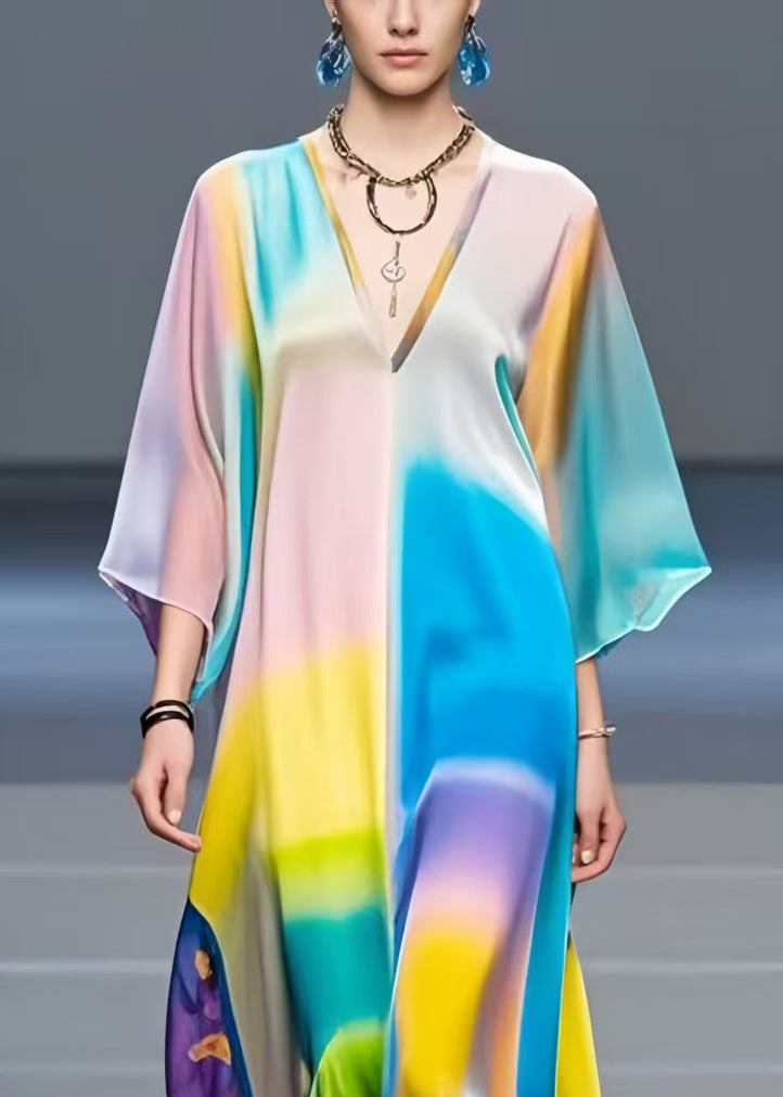 Art Rainbow V Neck Tie Dye Silk Dresses Bracelet Sleeve