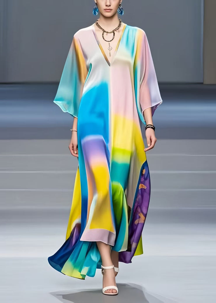 Art Rainbow V Neck Tie Dye Silk Dresses Bracelet Sleeve
