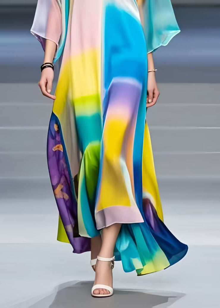 Art Rainbow V Neck Tie Dye Silk Dresses Bracelet Sleeve