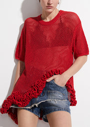 Art Red Asymmetrical Hollow Out Knit T Shirt Summer