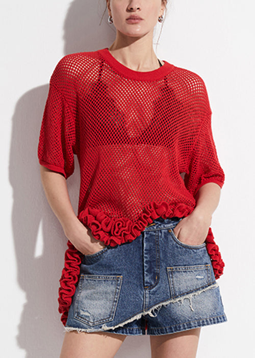 Art Red Asymmetrical Hollow Out Knit T Shirt Summer