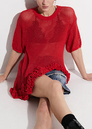 Art Red Asymmetrical Hollow Out Knit T Shirt Summer
