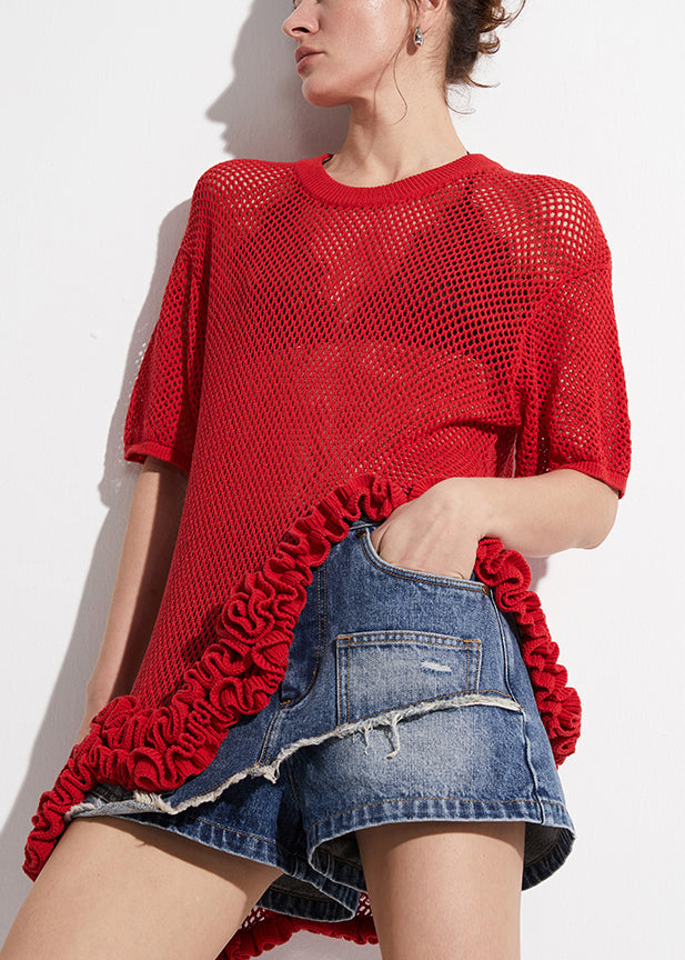 Art Red Asymmetrical Hollow Out Knit T Shirt Summer