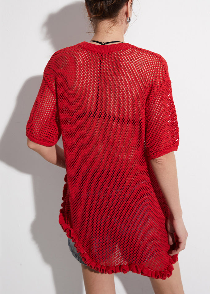 Art Red Asymmetrical Hollow Out Knit T Shirt Summer