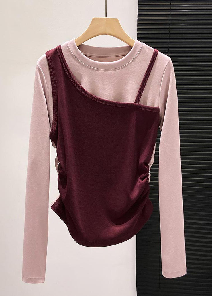 Art Red Asymmetrical Patchwork Cotton Fake Two Piece Blouses Fall