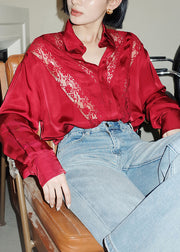 Art Red Hollow Out Lace Patchwork Cotton Blouse Top Fall