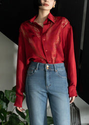 Art Red Hollow Out Lace Patchwork Cotton Blouse Top Fall