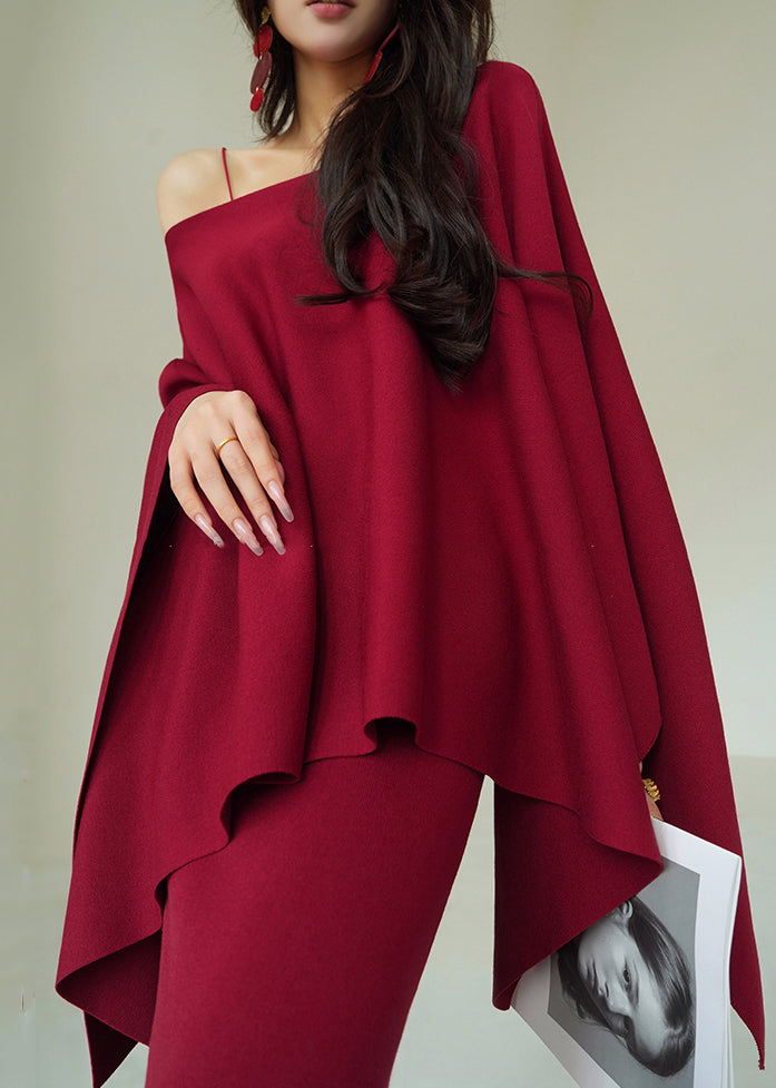 Art Red O-Neck Coat And Spaghetti Strap Dress Knit Two Piece Set Fall