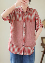 Art Red Peter Pan Collar Plaid Linen Shirt Top Summer