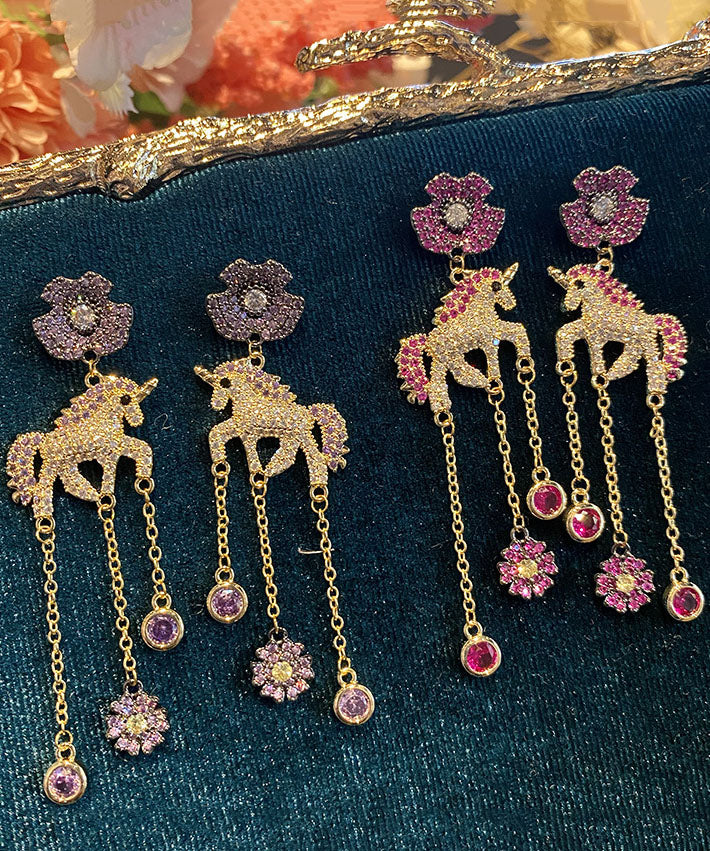 Art Red Robot Unicorn Attack Zircon Copper Drop Earrings