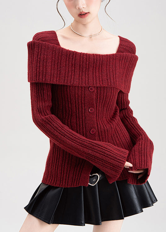 Art Red Square Collar Side Open Knit Cardigan Winter