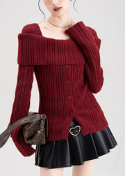 Art Red Square Collar Side Open Knit Cardigan Winter