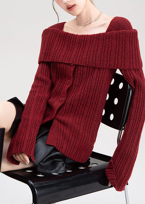 Art Red Square Collar Side Open Knit Cardigan Winter