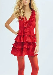 Art Red V Neck Ruffled Cotton Mini Dress Sleeveless