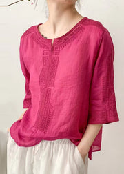 Art Rose Embroidered Linen Blouse Top Half Sleeve
