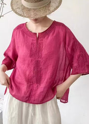 Art Rose Embroidered Linen Blouse Top Half Sleeve