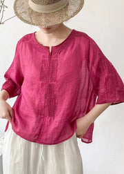 Art Rose Embroidered Linen Blouse Top Half Sleeve