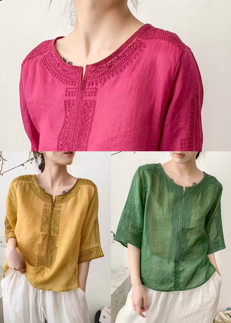 Art Rose Embroidered Linen Blouse Top Half Sleeve