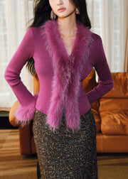 Art Rose V Neck Patchwork Fox Fur Knit Top Winter