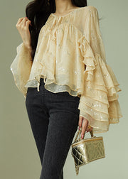 Art Sequins Wrinkled Lace Up Silk Shirt Flare Sleeve