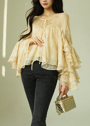 Art Sequins Wrinkled Lace Up Silk Shirt Flare Sleeve