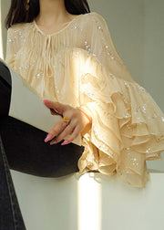 Art Sequins Wrinkled Lace Up Silk Shirt Flare Sleeve
