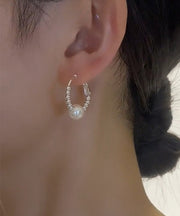Art Silk Copper Pearl Broken Silver Hoop Earrings