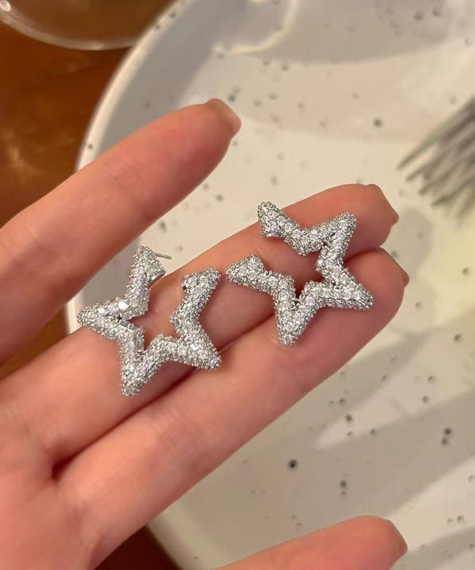 Art Silk Sterling Silver Zircon Star Stud Earrings