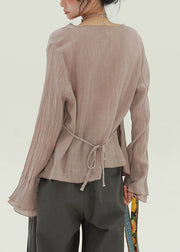 Art Skin Pink Button Lace Up Linen Shirt