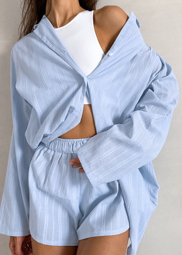 Art Sky Blue Oversized Jacquard Cotton Pajamas Two Piece Set Outfits Summer
